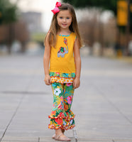 AnnLoren Girls Yellow Elephant Tunic Hibiscus Capri Ruffle Pants -Spring Summer dress