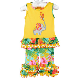 AnnLoren Girls Yellow Elephant Tunic Hibiscus Capri Ruffle Pants -Spring Summer dress