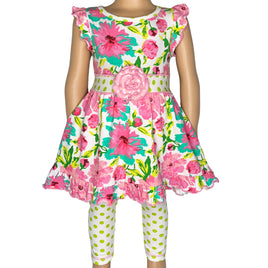 AnnLoren Girls Spring Floral Dress Polka Dot Capri Leggings