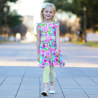AnnLoren Girls Spring Floral Dress Polka Dot Capri Leggings