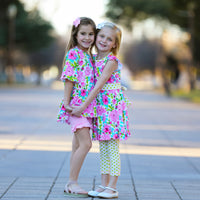 AnnLoren Girls Spring Floral Dress Polka Dot Capri Leggings