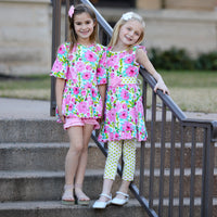 AnnLoren Girls Spring Floral Dress Polka Dot Capri Leggings