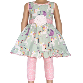 AnnLoren Girls Unicorns Rainbow Dress & Pink Leggings -Spring Summer Easter dress