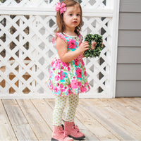 AnnLoren Girls Spring Floral Dress Polka Dot Capri Leggings
